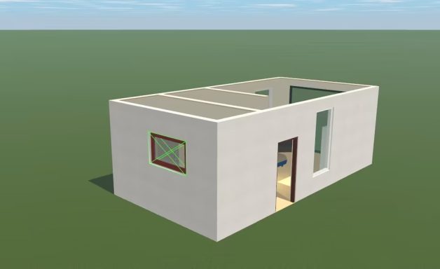 Ein einfaches, modernes Hausmodell mit einem Fenster und einer Tür.