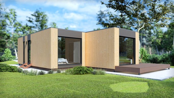 Moderne Holzhütte mit großen Fenstern und umliegendem Garten.